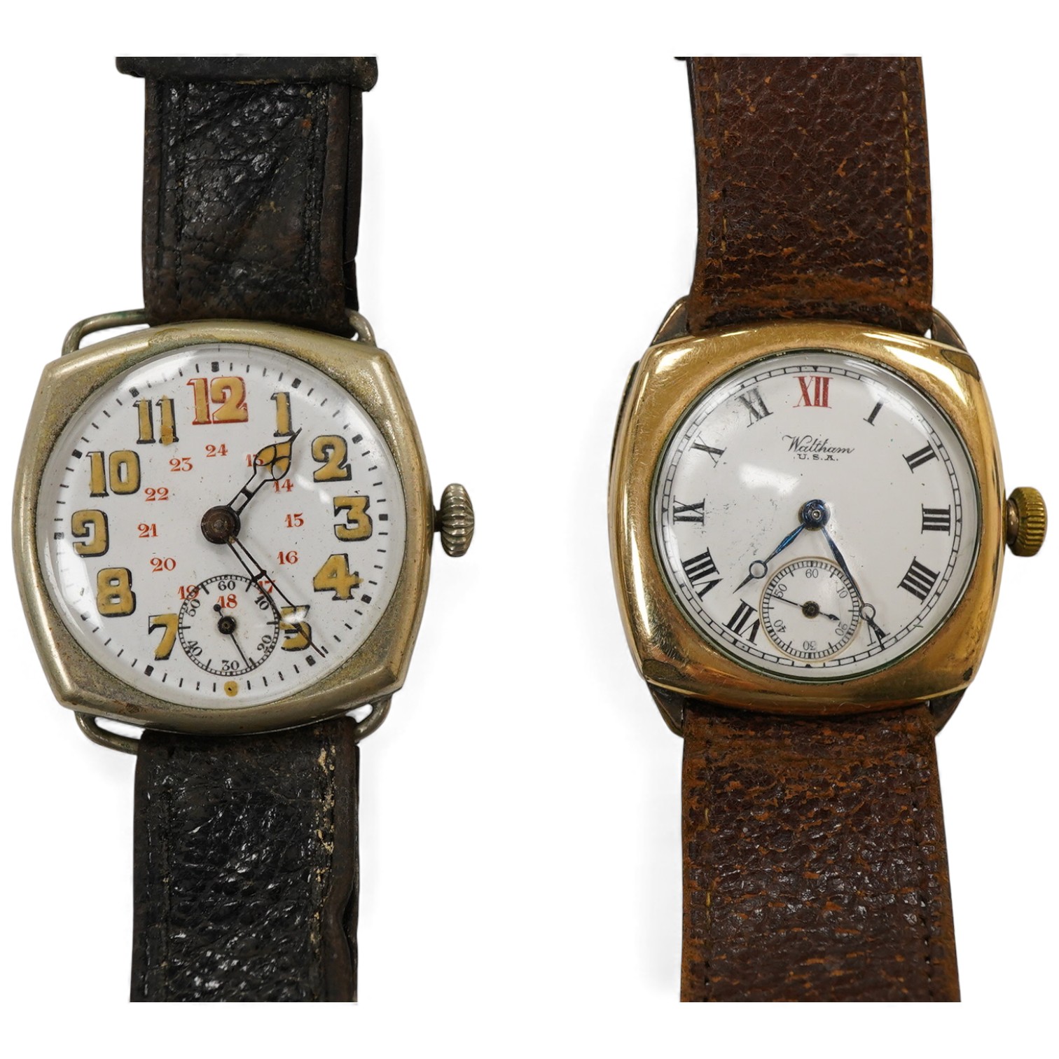 A gentleman's 1930's/1940's gold plated Waltham manual wind wrist watch, with Roman dial and subsidiary seconds, case diameter 30mm, together with a similar nickel cased manual wind wrist watch, with Arabic dial and subs